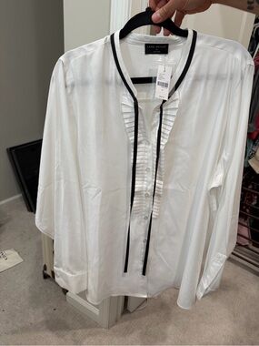 Lane Bryant White Ruffled Front Shirt with Black Trim